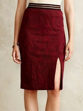 Maeve Burgundy Quilted Jacquard Pencil Skirt with Side Slit
